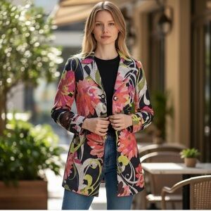 Trina Turk Jacquard Floral Print Mid Length Jacket Black Pink Green 4 Small